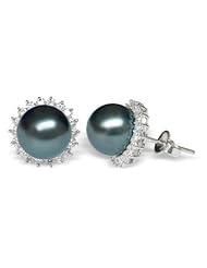 18K white gold sunflower Black Tahitian cultured pearl and diamond earring