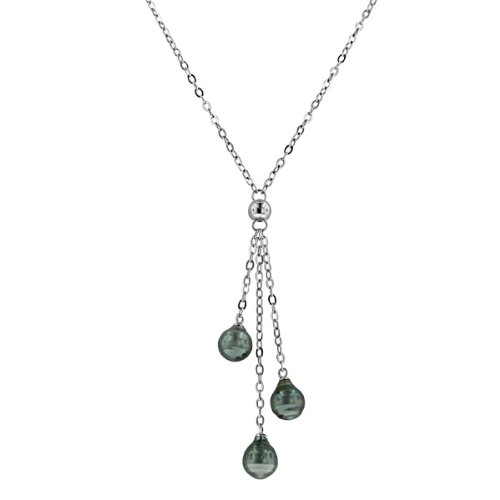 Sterling Silver 3 Row Tahitian Cultured Drop Pearl "Y" Necklace (8-9mm), 16+3"