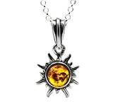 Certified Genuine Honey Amber and Sterling Silver Flaming Sun Very Small Pendant, 18"