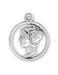 Sterling Silver 18" .8mm Wide Box Chain Necklace With 3D Imitation Cutout Mercury Head Dime Pendant