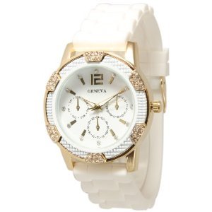 Geneva White with Gold Women's Faux Chronograph Silicone Rubber Jelly Watch with CZ Crystal Rhinestones Face Bling Bezel-WhiteGold