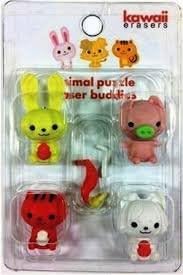 Four Kawaii Erasers on Card (Pig, Rabbit, Cat, Squirrel) New 2012