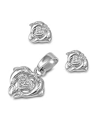 Sterling Silver Sealife Fashion Love Design Dolphin and Heart Pendant and Earrings Jewelry Set with Clear CZ