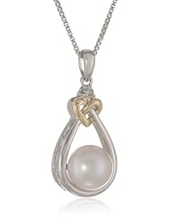 XPY Sterling Silver and 14k Yellow Gold Freshwater Cultured Pearl and Diamond Heart Knot Pendant Necklace (8mm), 18"