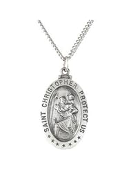 Oval Saint Christopher Necklace in Solid Sterling Silver Protect Us Medal 21.25x14.50 MM