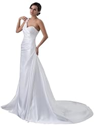 A-line Applique Asymmetric Ruched Spring Fall Satin One Shoulder Wedding Dress  with a Court Train 