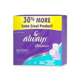 Always CleanWeave Pantiliners, Regular, Unscented, Bonus , 48 pantiliners