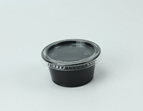Disposable 2oz Black Plastic Condiment Cups with Lids 200-Pack, Souffle Portion, Jello Shot Cups, Salad Dressing, Sauce