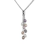 Multi-Color Cultured Pearl 4-Strand Silver Chain Lariat w. Bar Crystal Slider
