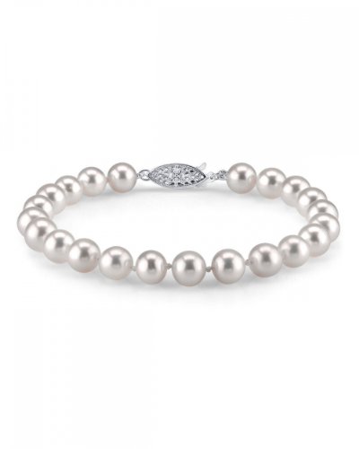 14K Gold 7-8mm Round White Freshwater Cultured Pearl Bracelet - AAA Quality