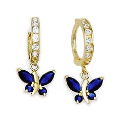14K Yellow Gold Sapphire Blue CZ Butterfly Huggy Earrings