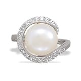 White Pearl Ring Wrapped in CZs Rhodium Over Sterling Silver
