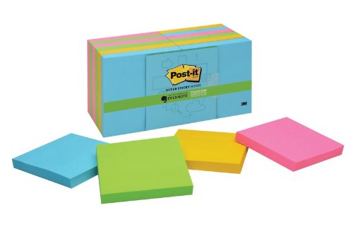 Post-it Super Sticky Notes - Evernote Collection, 3 x 3 Inches, Assorted Colors, 12 Pads per Pack