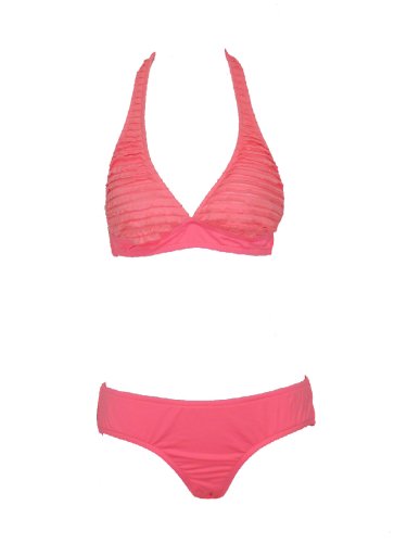 Hot Kiss Strawberry Pink Charro Halter Bikini W/ Ruffles and Bow (Small)