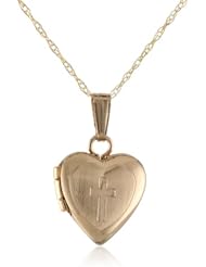 Girls 14k Gold Childrens Petite Heart Satin Center and Polished Edge Engraved Cross Locket Pendant Necklace, 13"