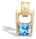 14K Yellow Gold Genuine Square Blue Topaz and Diamond Art-Deco Pendant