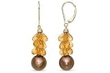 11 3/4 Carat Citrine Briolette Drop and 8-9mm Brown Cultured Tahitian Pearl 14K Yellow Gold Leverback Earrings