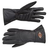 Harley Davidson Women's Stock Gauntlet Gloves. Lined goatskin leather gloves have ergonomic thumbs, pre-curved fingers, padded palm and Bar & Shield logo patch. 98202-07VW