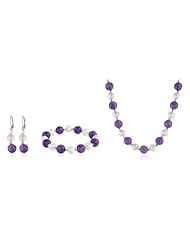 10-10.5mm Amethyst and 8-8.5mm White Freshwater Cultured Pearl Sterling Silver 3 Piece Set Including an 18" Necklace, 7.5" Stretch Bracelet and Dangling Leverback Earrings