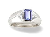 14K White Gold Genuine Emerald-cut Tanzanite and Diamond Men's Ring