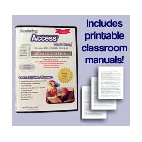 Mastering Access Made Easy Training Tutorial v. 2003 through 97 - How to use Microsoft Access video e Book Manual Guide. Even dummies can learn from this total DVD for MS Access, featuring Introductory through Advanced material from Professor Joe