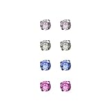 Sterling Silver 4mm Clear, Blue, Light Violet and Amethyst Cubic Zirconia Stud Earrings, Set of Four