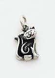 Black Enameled Cat Charm, Sterling Silver