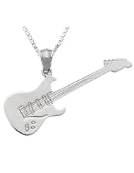 Solid 0.925 Sterling Silver Guitar Charm Pendant Necklace