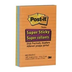 3M 660 4x6" Neon 3/pk Supersticky Lined Notepad