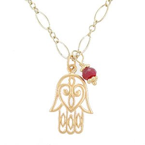 Filigree Hamsa Hand Pendant with Heart Design in Gold Vermeil with Ruby Gemstone Bead on a 16" Gold Filled Link Chain, #7933