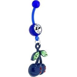 Bioplast Blue Jeweled Cherry Dangle Belly Ring