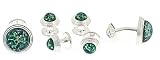 Stunning handcrafted silver plated cufflinks and shirt stud set with green opal art glass