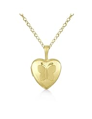 Heart Shaped Locket Style Pendant Necklace W/ Butterfly Engraving For Women 14K Yellow Gold Vermeil