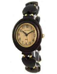 Tense Solid Dark Sandalwood Ladies Round Heart Stretch Band Wood Watch L7007D