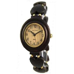 Tense Wood Watch - Solid Dark Sandalwood Ladies Round Heart Stretch Band Watch L7007D by Tense