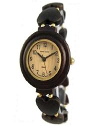 Tense Solid Dark Sandalwood Ladies Round Heart Stretch Band Wood Watch L7007D