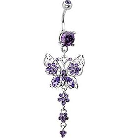 Tanzanite CZ Butterfly Gem Chain Drop Belly Ring by Body Candy