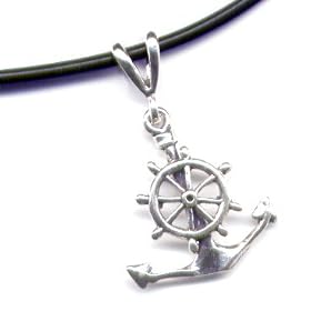 18" Black Anchor and Wheel Necklace Sterling Silver Jewelry