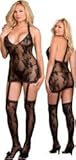 IMAGE OF Plus Size Sheer Feminine See Thru Lingerie Set - Halter Dress with Garters & Stockings - Queen Size