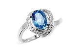 18Kt White Gold Genuine Oval Shape Blue Topaz Diamond Halo Ring