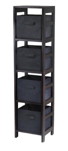 Click To Capri 4-Section N Storage Shelf With 4 Foldable Black Fabric Baskets By Winsome Wood Details... Capri 4-Section N Storage Shelf With 4 Foldable Black Fabric Baskets By Winsome Wood