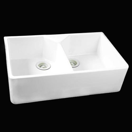 Double Bowl Farmhouse Fireclay Sink - White - No Faucet Drillings
