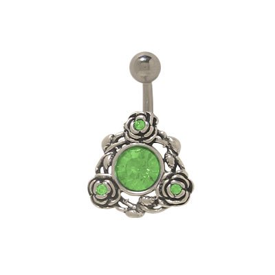 Sterling Silver Rose Belly Button Ring with Green Cz Jewels
