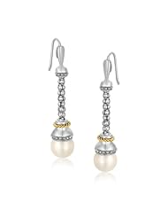 18K Yellow Gold and Sterling Silver Dangling Earrings with Pearl Ends