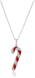Sterling Silver Diamond Candy Cane Red Enamel Pendant Necklace, 18"