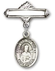 Sterling Silver Baby Badge with St. Leo the Great Charm and Polished Badge Pin