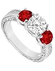 Three Stone Ruby and Diamond Ring 14K White Gold - 1.25 CT TGW