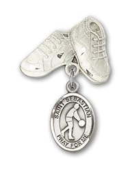 Sterling Silver Baby Badge with St. Sebastian/Basketball Charm and Baby Boots Pin