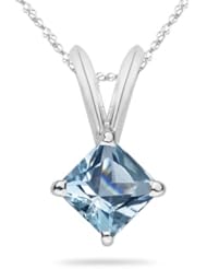 0.65 Cts of 5 mm AAA Princess Aquamarine Solitaire Pendant in 14K White Gold