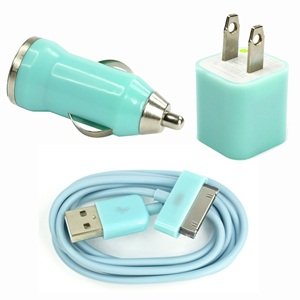 Case Star R Turquoise Blue USB Wall Charger + USB Mini Car Charger + 3Ft USB Charge and Sync Data Cable for iPod touch iPod nano iPhone 3G 3GS 4 4S + Case Star Cellphone Bag